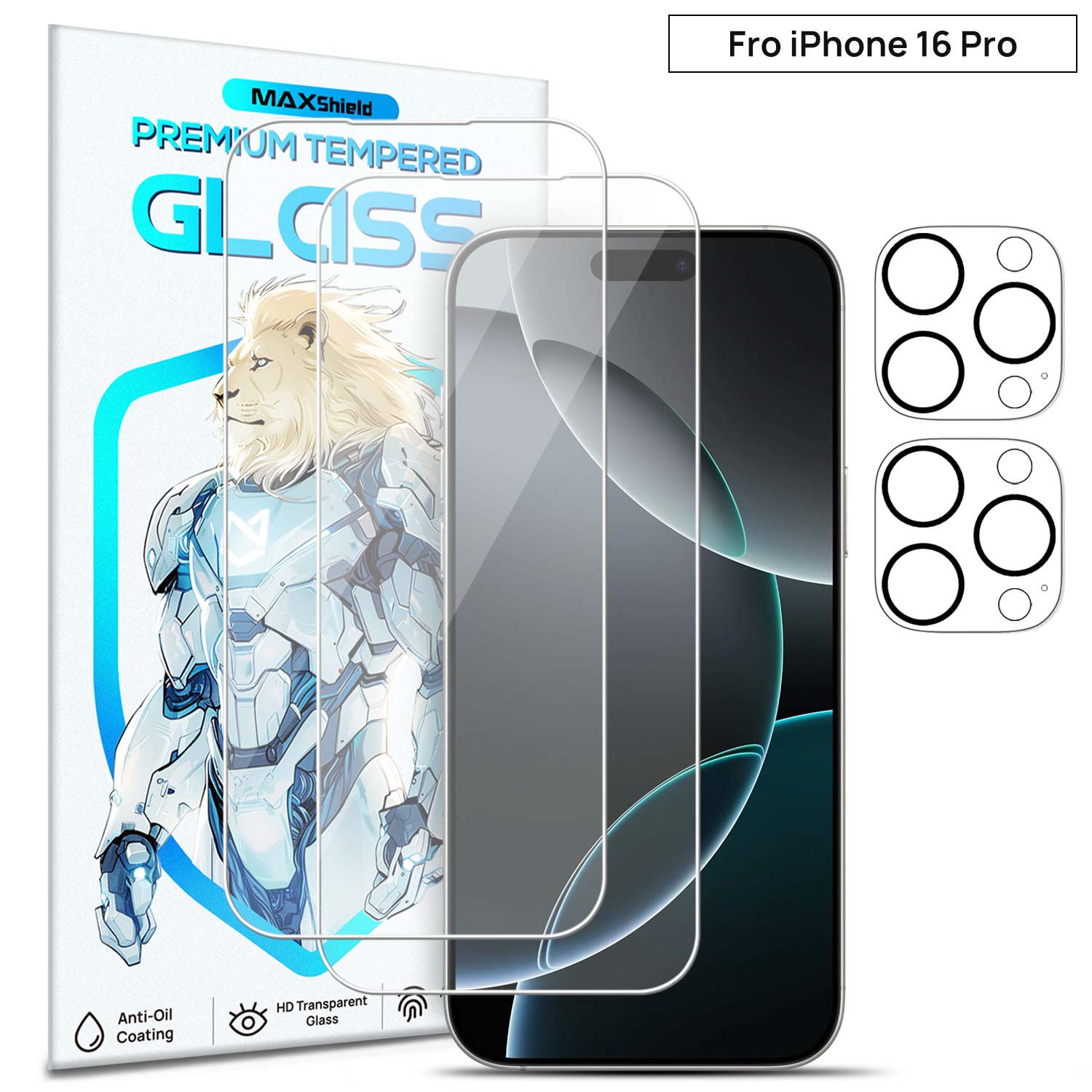 [2+2 Pack] MaxShield PureClear Tempered Glass Film + Camera Lens Protector for iPhone 16 Pro Plus Max