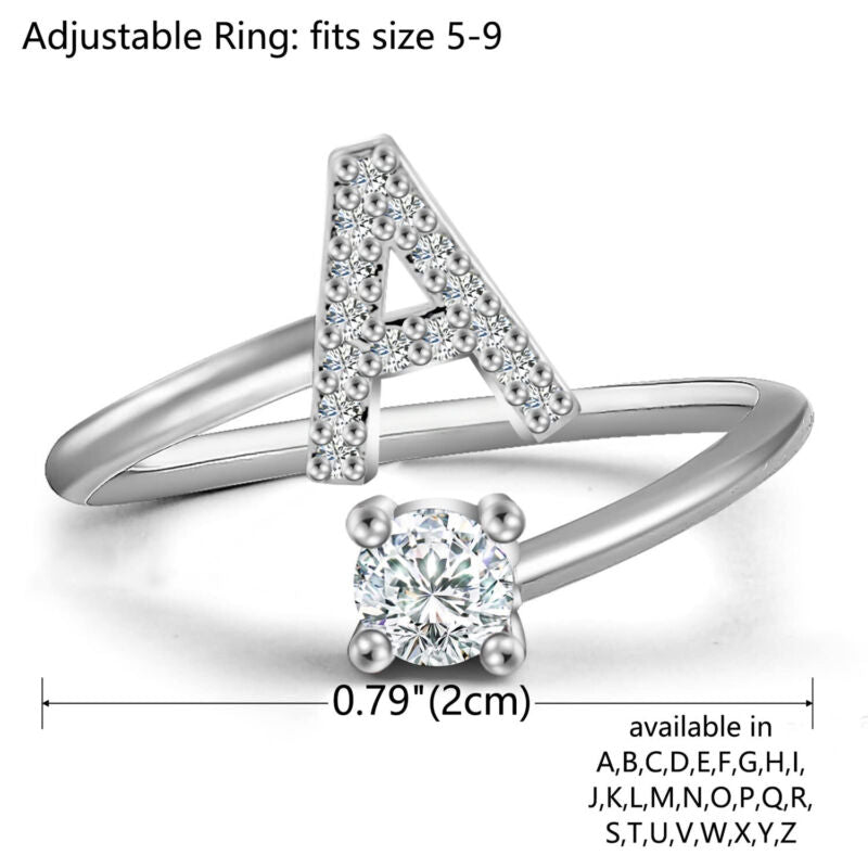 A-Z Initial Letters Silver Micro Zircon Rings Name Rings Adjustable Women AU